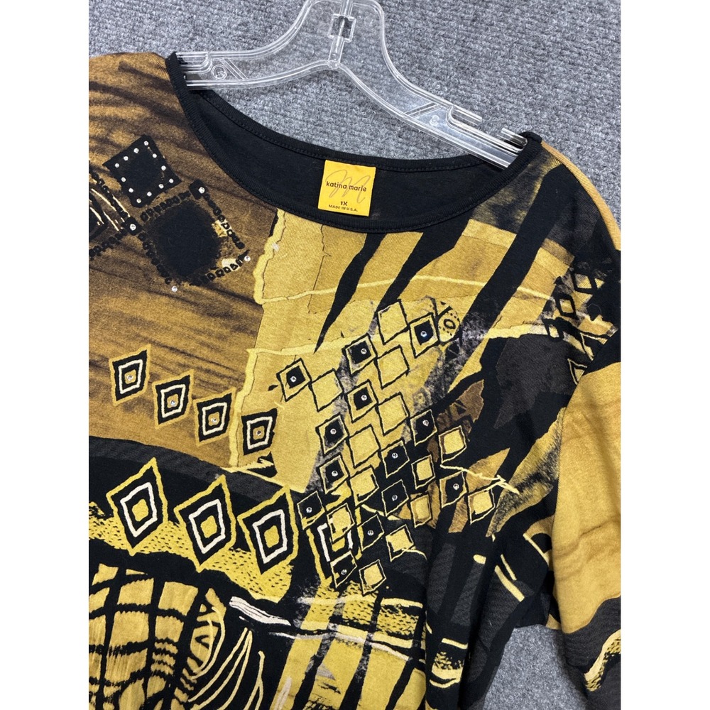 1x Vintage Plus Katina Marie Abstract Art Rhinestone Top Yellow Black 100%Cotton